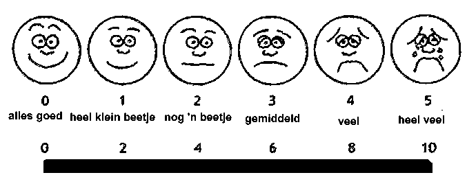 meten via gezichtjes op een schaal van blij of neutraal naar heel somber en verdrietig